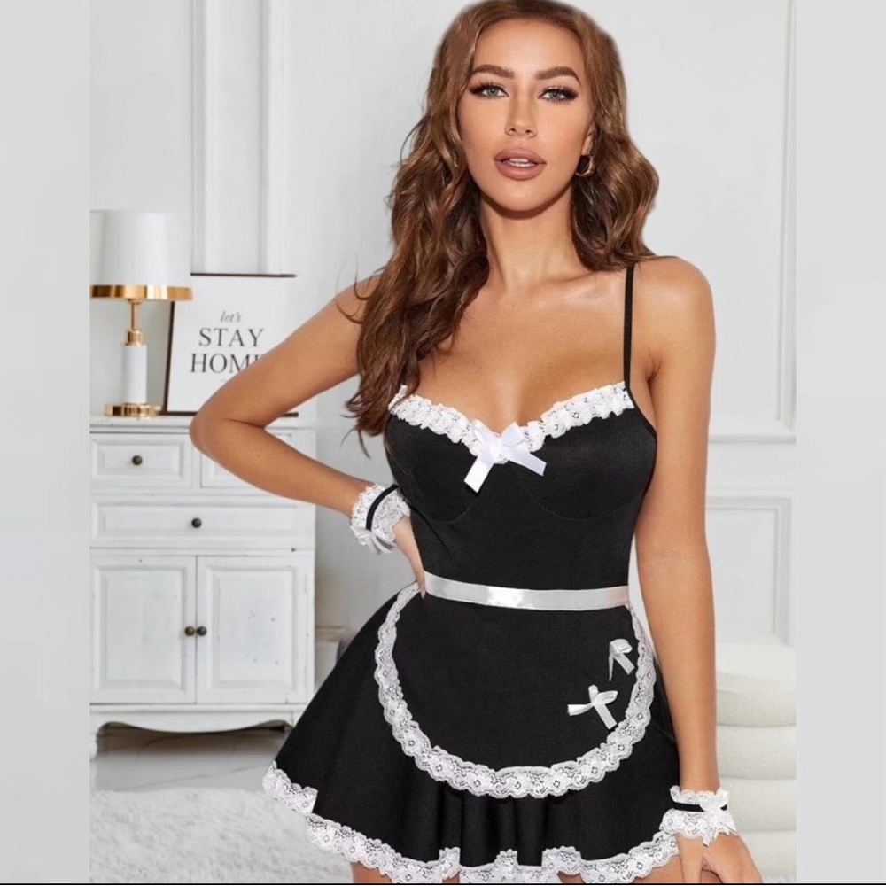 New Women’s Large Black & White Sexy Maid Cosplay Costume with Lace Trim